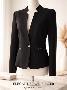 Tahari ASL Size 10 Blazer One Button Closure Zippered Pockets Black Elegant!